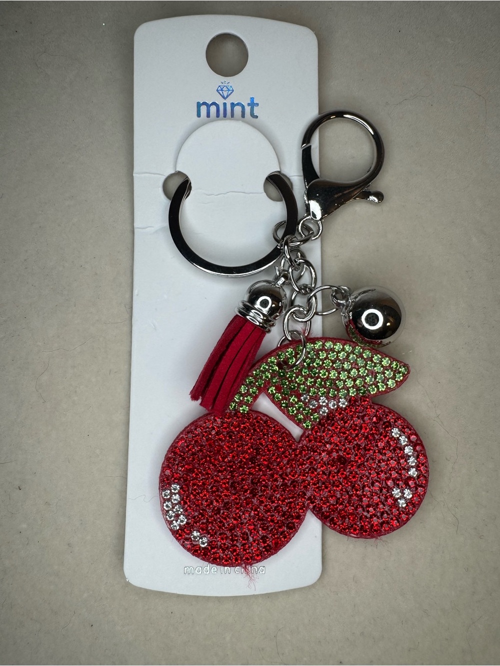 New Mint Flat Red & Green Crystal Cherry Keychain Bag Charm with Red Tassel